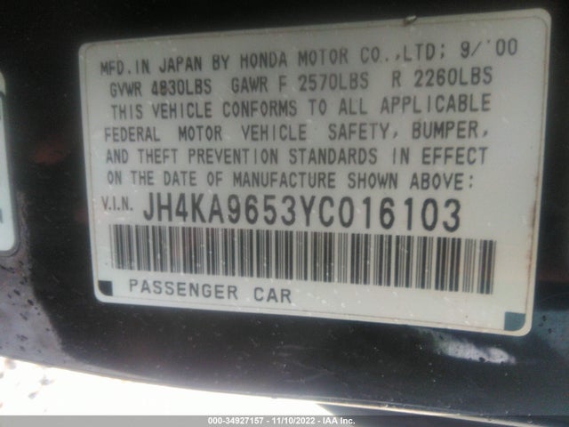 2000 ACURA RL VIN: JH4KA9653YC016103