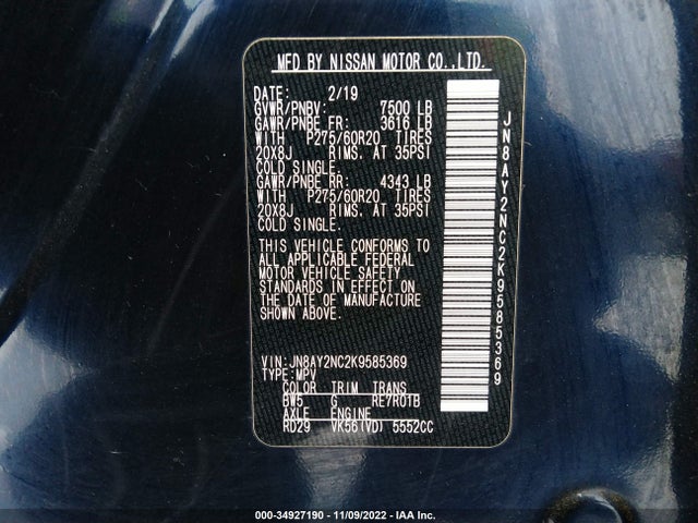 2019 Nissan Armada, VIN: JN8AY2NC2K9585369
