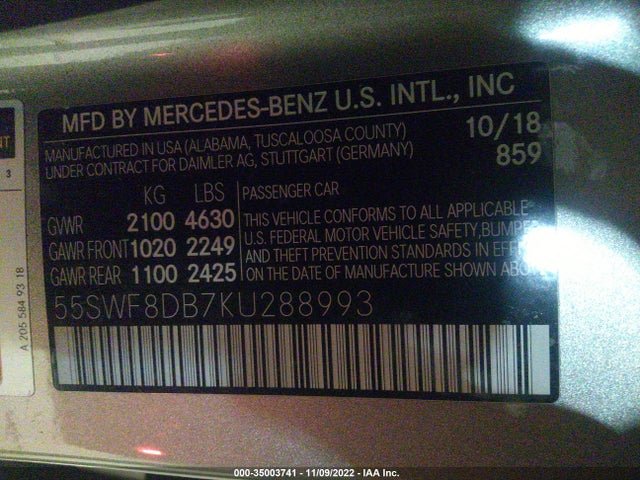 2019 Mercedes-Benz C-Class, VIN: 55SWF8DB7KU288993