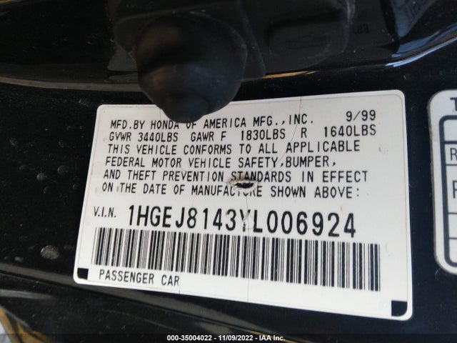 2000 HONDA CIVIC EX VIN: 1HGEJ8143YL006924
