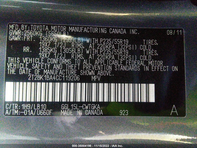 2T2BK1BA4CC119206 Lexus RX 350