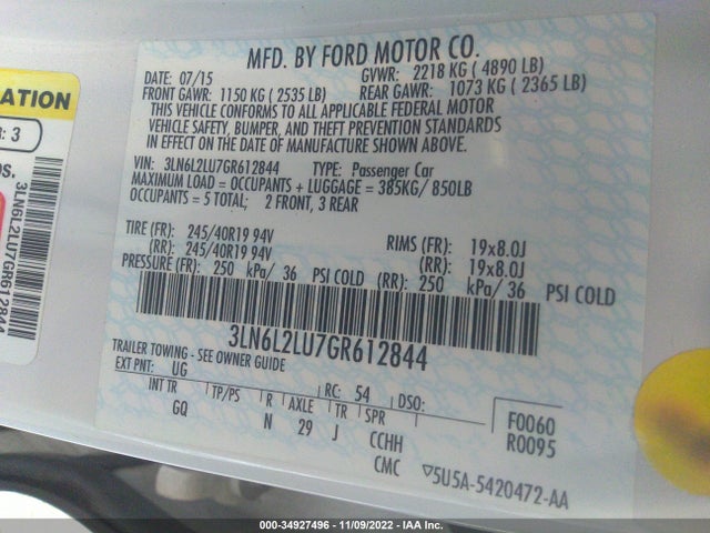 2016 Lincoln MKZ, VIN: 3LN6L2LU7GR612844