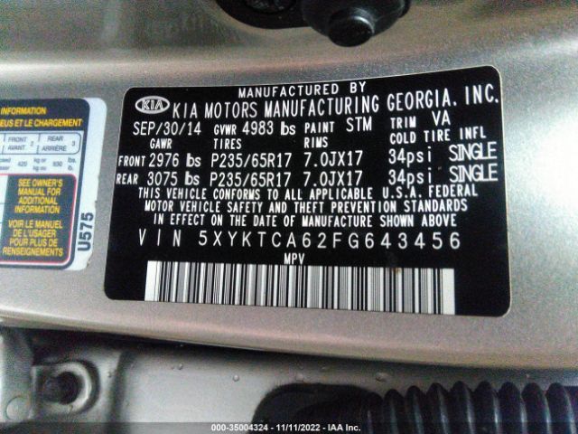 5XYKTCA62FG643456 KIA SORENTO LX