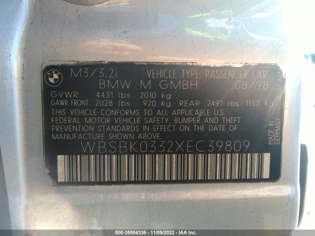 BMW 3 Series M3 1999 WBSBK0332XEC39809 Image 11