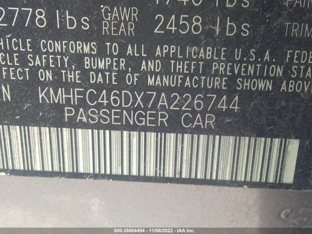 2007 HYUNDAI AZERA GLS VIN: KMHFC46DX7A226744