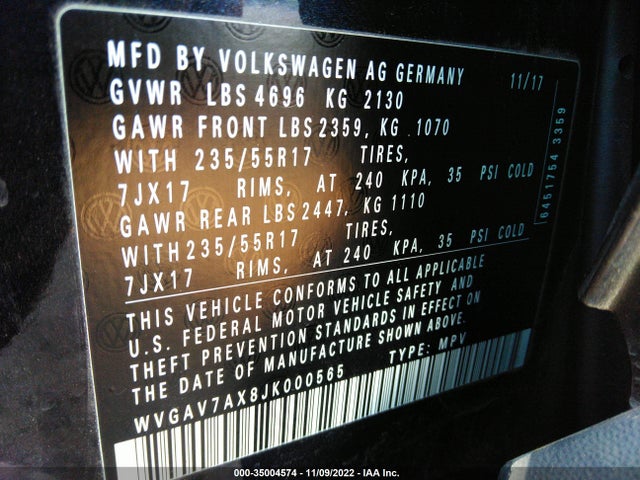 2018 Volkswagen Tiguan, VIN: WVGAV7AX8JK000565