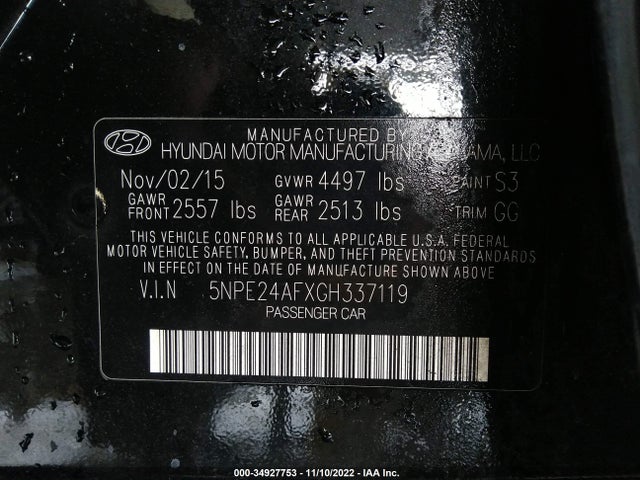 2016 HYUNDAI SONATA 2.4L SE VIN: 5NPE24AFXGH337119