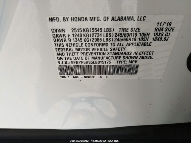 2020 Honda Pilot, VIN: 5FNYF5H35LB015175