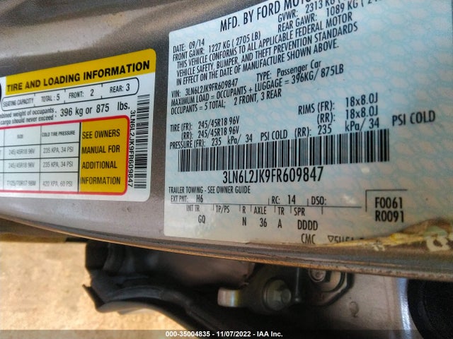 2015 Lincoln MKZ, VIN: 3LN6L2JK9FR609847