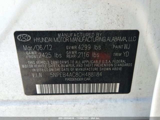 2012 HYUNDAI SONATA GLS PZEV VIN: 5NPEB4AC8CH488184