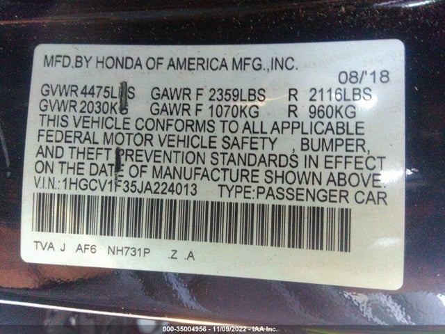2018 HONDA ACCORD SEDAN SPORT 1.5T VIN: 1HGCV1F35JA224013