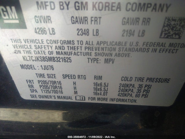 2021 Chevrolet Trax, VIN: KL7CJKSB5MB321625