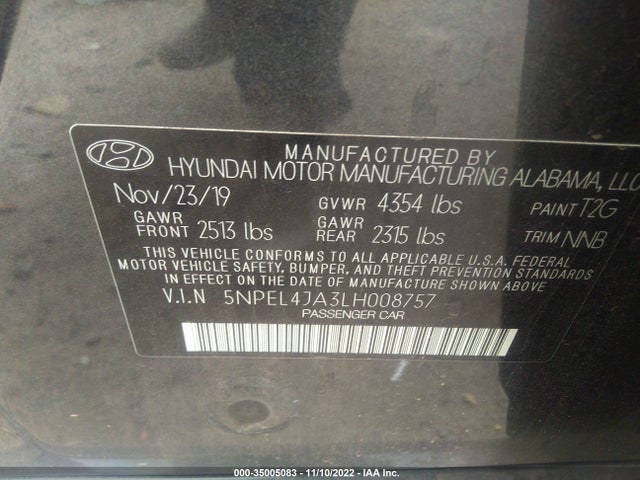 2020 HYUNDAI SONATA SEL VIN: 5NPEL4JA3LH008757