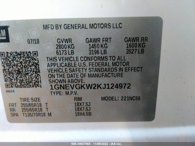 2019 Chevrolet Traverse, VIN: 1GNEVGKW2KJ124972
