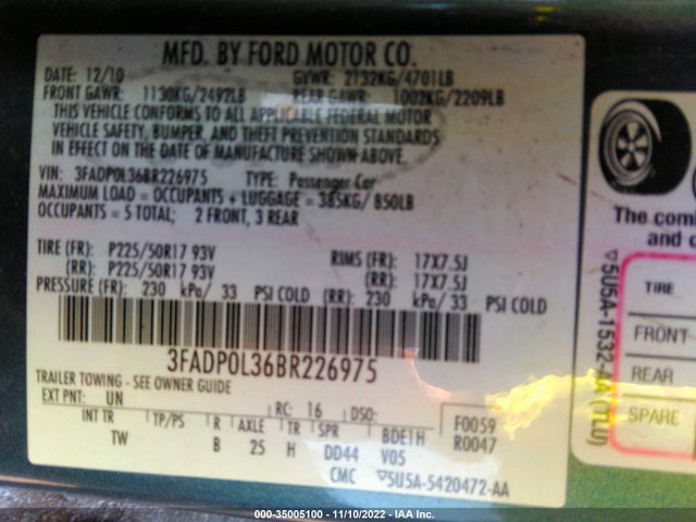 2011 FORD FUSION HYBRID VIN: 3FADP0L36BR226975