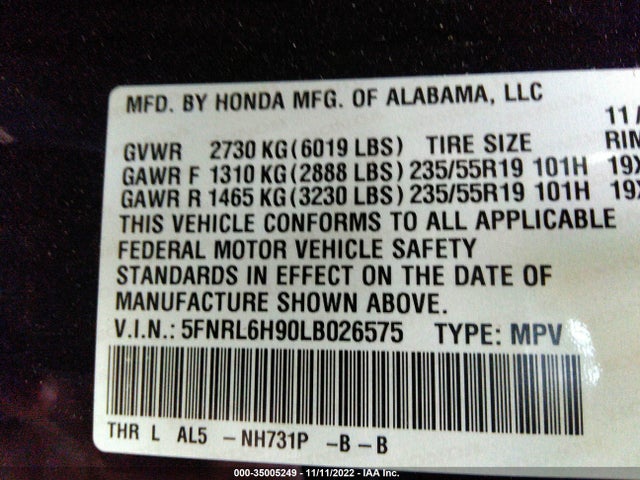 Honda Odyssey Elite 2020 5FNRL6H90LB026575 Image 9