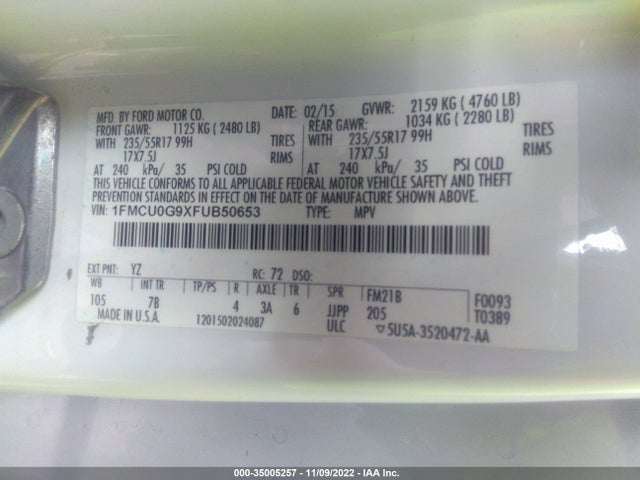 2015 Ford Escape, VIN: 1FMCU0G9XFUB50653