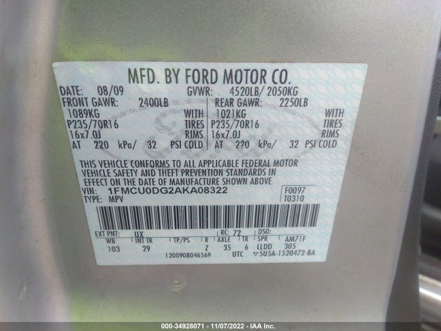 2010 FORD ESCAPE XLT VIN: 1FMCU0DG2AKA08322