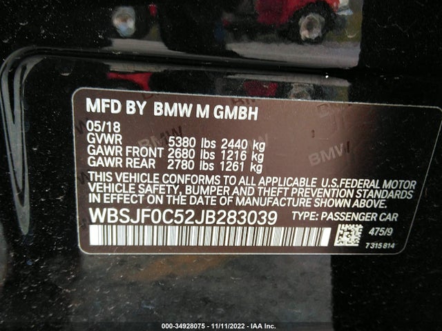 2018 BMW M5, VIN: WBSJF0C52JB283039