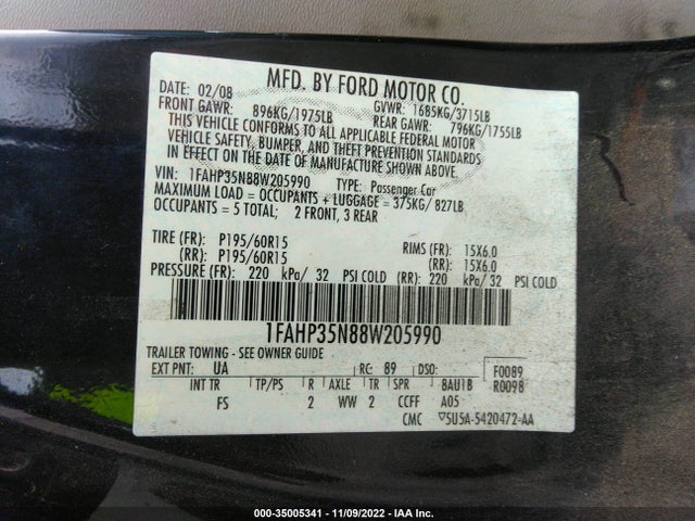 2008 FORD FOCUS SE VIN: 1FAHP35N88W205990