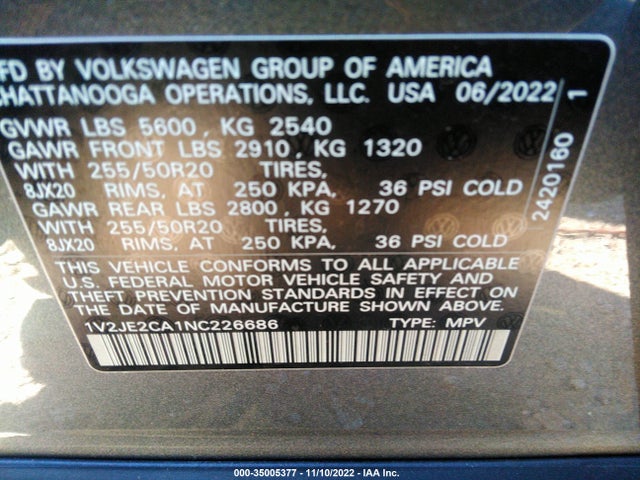 2022 Volkswagen Atlas, VIN: 1V2JE2CA1NC226686