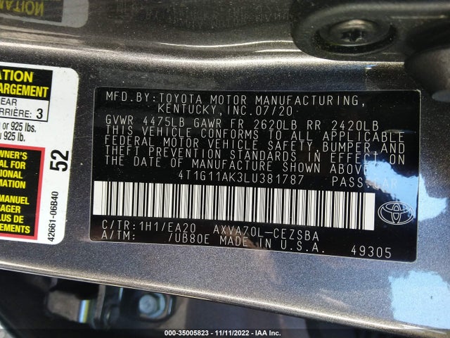 Toyota CAMRY SE 2020 4T1G11AK3LU381787 Image 10