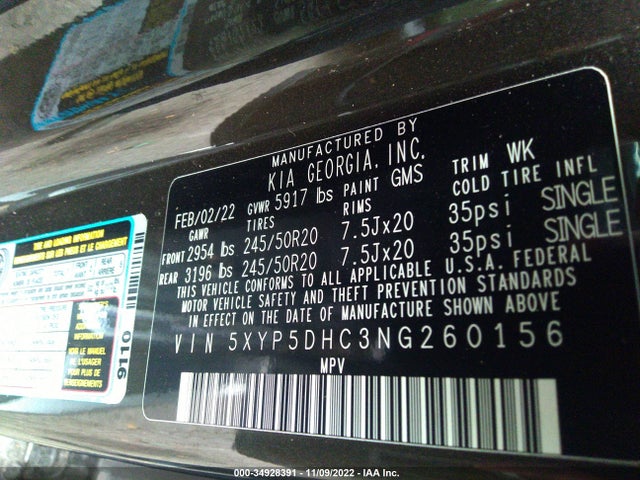 2022 Kia Telluride, VIN: 5XYP5DHC3NG260156