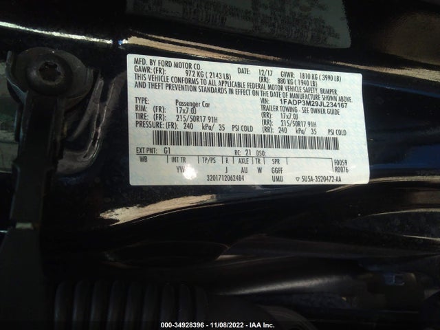 2018 FORD FOCUS SEL VIN: 1FADP3M29JL234167
