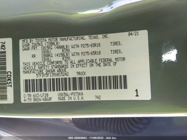 2021 Toyota Tundra, VIN: 5TFDY5F13MX015242