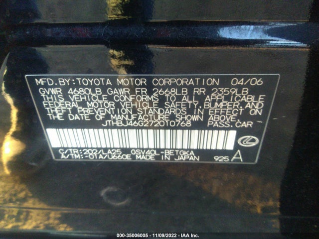 2007 LEXUS ES 350 VIN: JTHBJ46G272010768