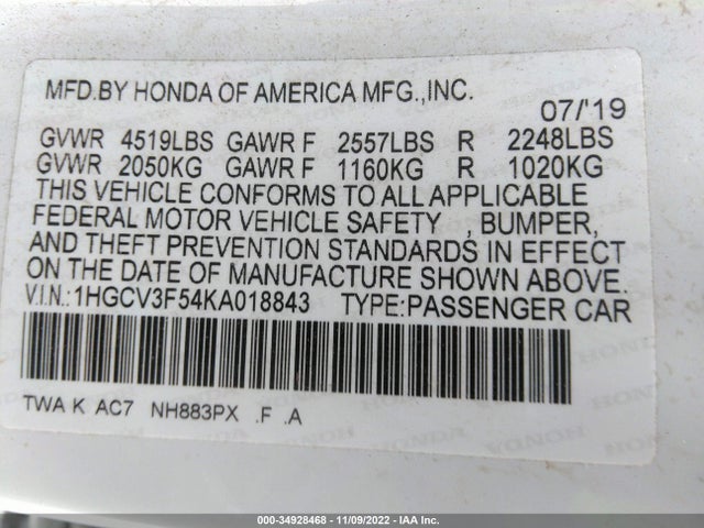 2019 Honda Accord, VIN: 1HGCV3F54KA018843