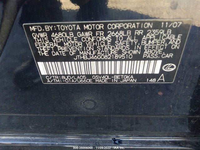 2008 LEXUS ES 350 VIN: JTHBJ46G082189510