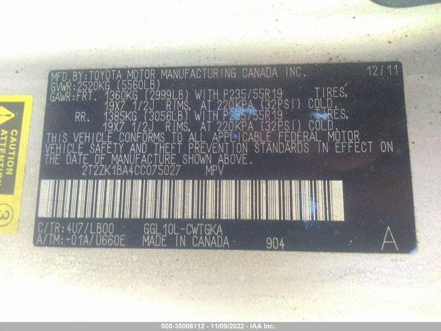Lexus RX 350 2012 2T2ZK1BA4CC075027 Image 9
