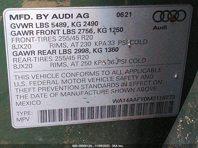 WA14AAFY0M2116773 Audi Q5 Sportback Premium