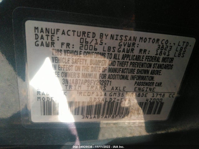 2015 NISSAN SENTRA SR/SL/S/SV/FE+ S VIN: 3N1AB7AP8FY292971