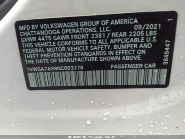 2022 Volkswagen Passat, VIN: 1VWSA7A39NC003778
