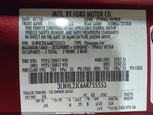 2010 LINCOLN MKZ VIN: 3LNHL2JC6AR755553