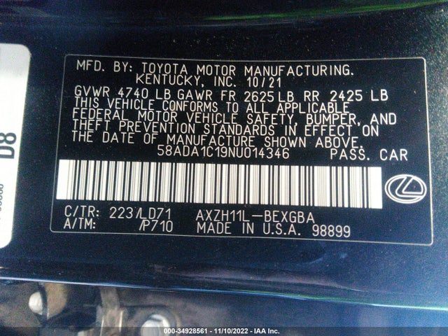 2022 Lexus ES, VIN: 58ADA1C19NU014346