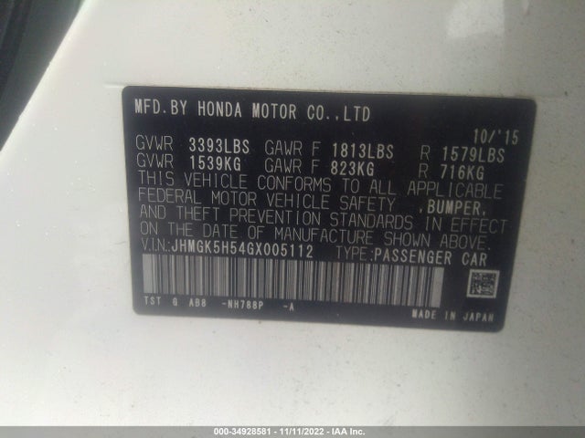 2016 Honda Fit, VIN: JHMGK5H54GX005112