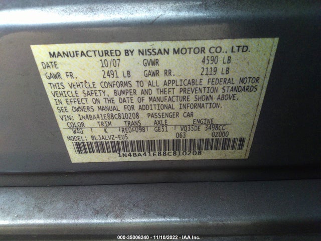 2008 NISSAN MAXIMA 3.5 SE VIN: 1N4BA41E88C810208