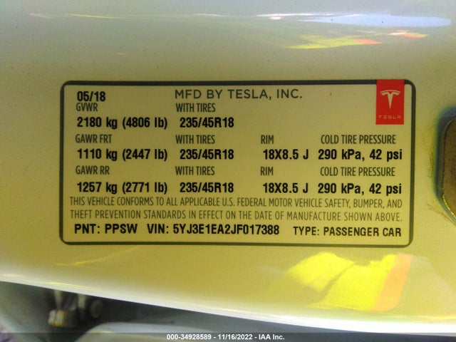Tesla Model 3 Range Battery 2018 5YJ3E1EA2JF017388 Image 10
