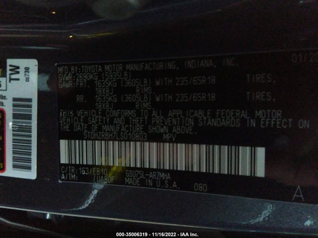2020 Toyota Highlander, VIN: 5TDHZRBH7LS010803