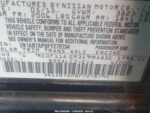 2015 NISSAN SENTRA S VIN: 3N1AB7AP8FY278794