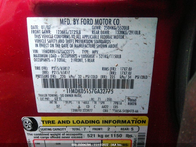 2007 FORD FREESTYLE SEL VIN: 1FMDK05157GA32775