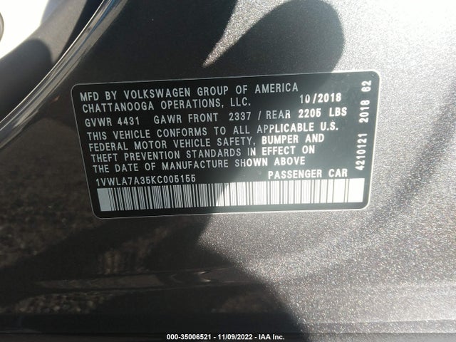 1VWLA7A35KC005155 Volkswagen Passat 2.0t Wolfsburg Edition