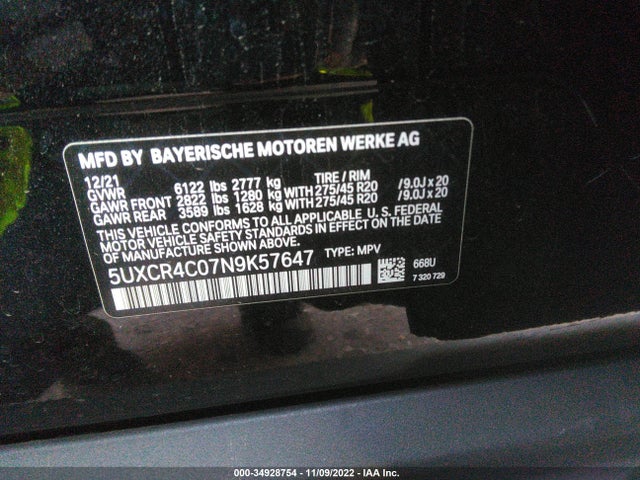 2022 BMW X5, VIN: 5UXCR4C07N9K57647