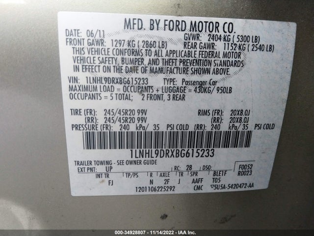 Lincoln MKS 2011 1LNHL9DRXBG615233 Image 9
