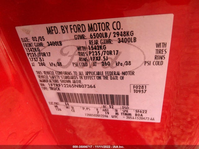 2005 FORD F-150 XL/STX/XLT VIN: 1FTRF12265NB07364