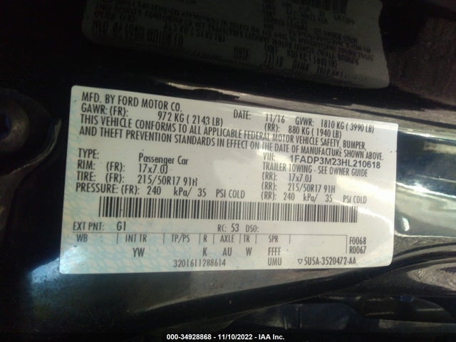 2017 FORD FOCUS SEL VIN: 1FADP3M23HL210618