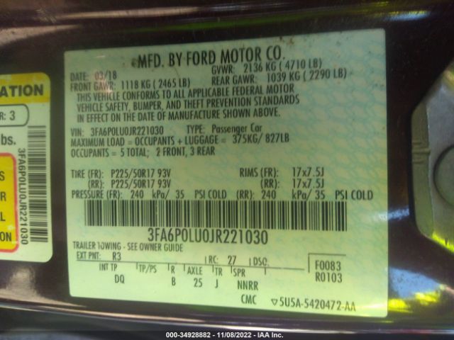 3FA6P0LU0JR221030 Ford Fusion Hybrid Se